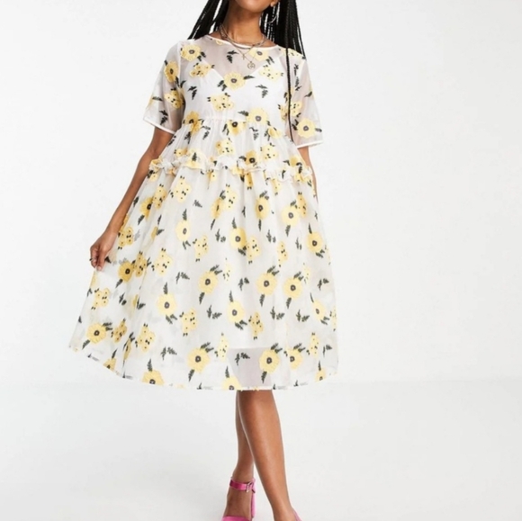 Sister Jane-"Lady Love" Oversized Tiered Babydoll Mesh Mini Dress Floral-Size Sm - Picture 1 of 17
